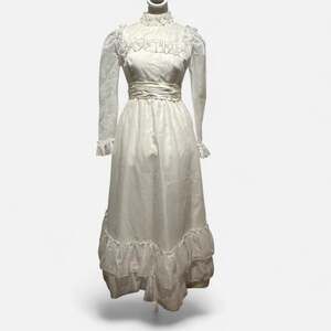 Vintage Emma Domb Wedding Dress White Ruffled High Neck Satin Bow Cottagecore Go